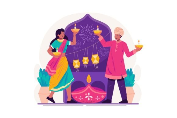 A Couple Celebrate Diwali Illustration Graphics