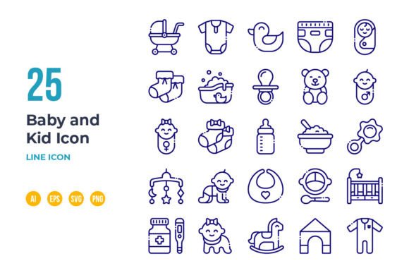 Baby and Kid Icon Set in Line Style Graphics