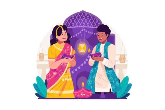Couple Holds Diya Lamps Celebrate Diwali Graphics and Illustrations