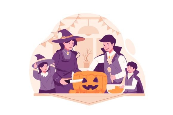 Family Carving a Pumpkin Illustration Graphics