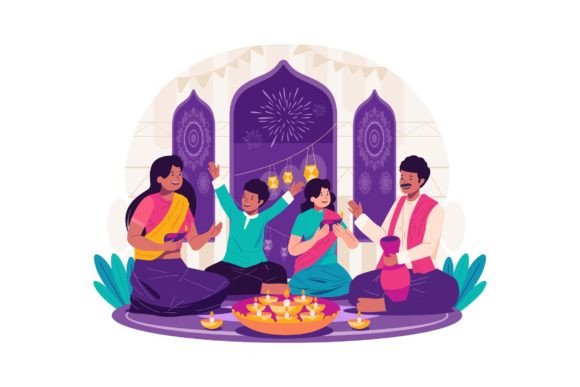Family Celebrate Diwali Illustration Graphics