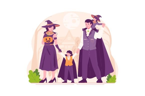 Happy Family in Costumes Illustration Graphics and Illustrations
