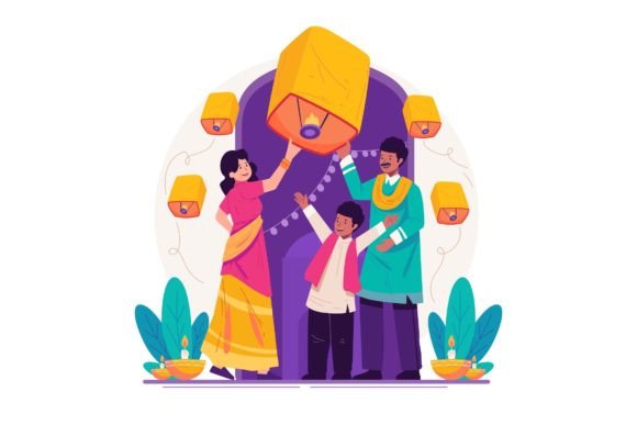 Indian Family Release Lanterns on Diwali Graphics and Illustrations Review