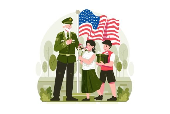 Kids Give Gifts and Flowers to a Veteran Graphics and Illustrations