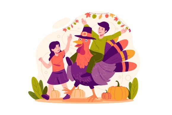 Kids Playing with a Thanksgiving Turkey Graphics and Illustrations Review