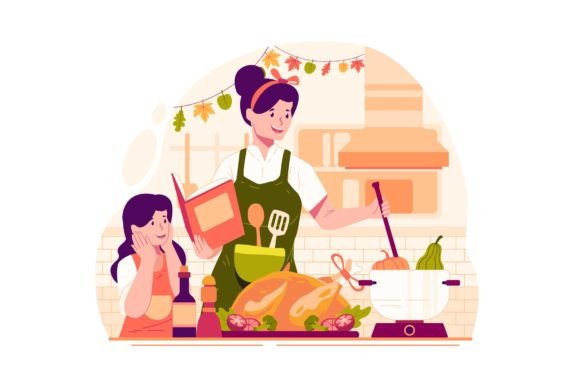 Mother and Daughter Cooking Illustration: Graphics and Illustrations Review